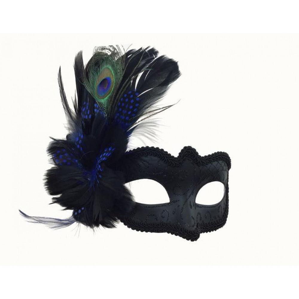 Black Peacock Feather Half Mask