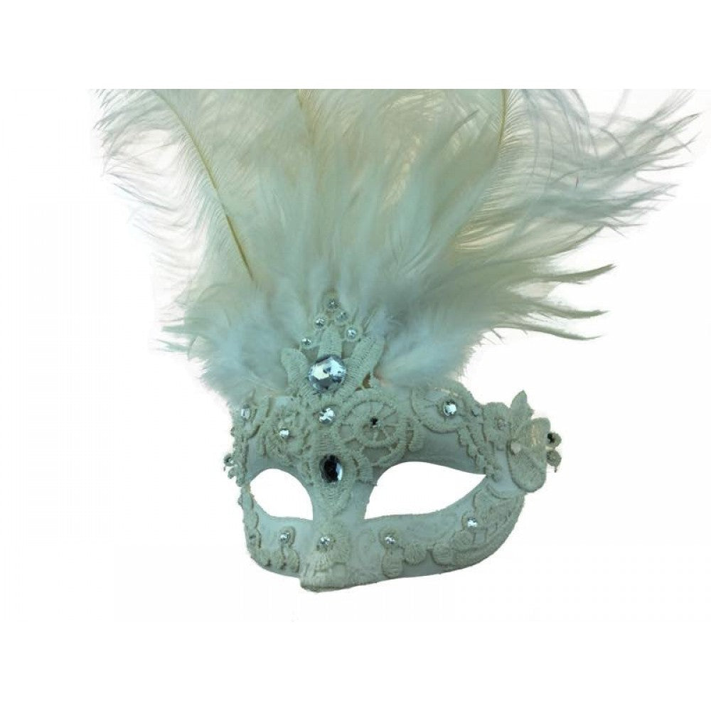 White Half Mask with feathers, crystals, & lace