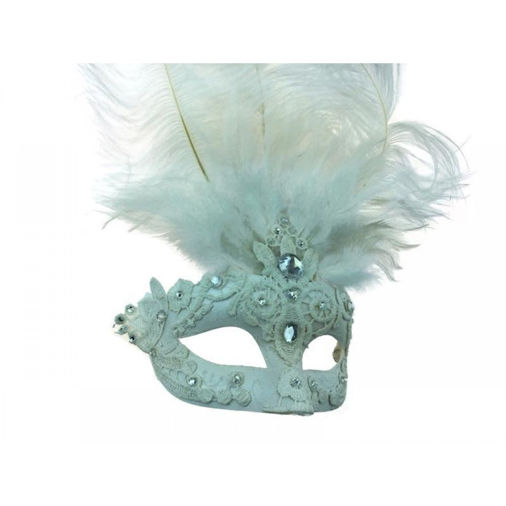 White Half Mask with feathers, crystals, & lace