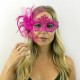 Hot Pink Half Mask with Feather Flower & Ribbons