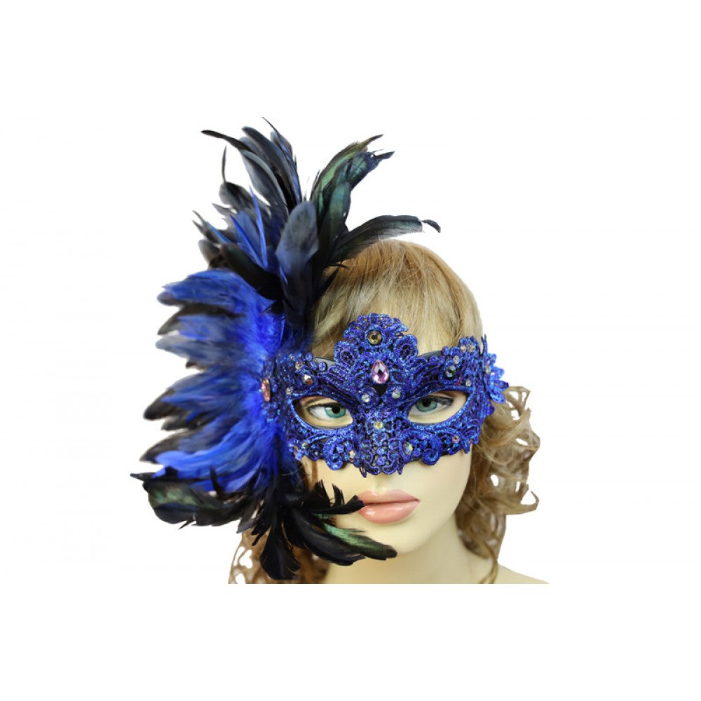 Royal Blue Half Mask with Side Feathers