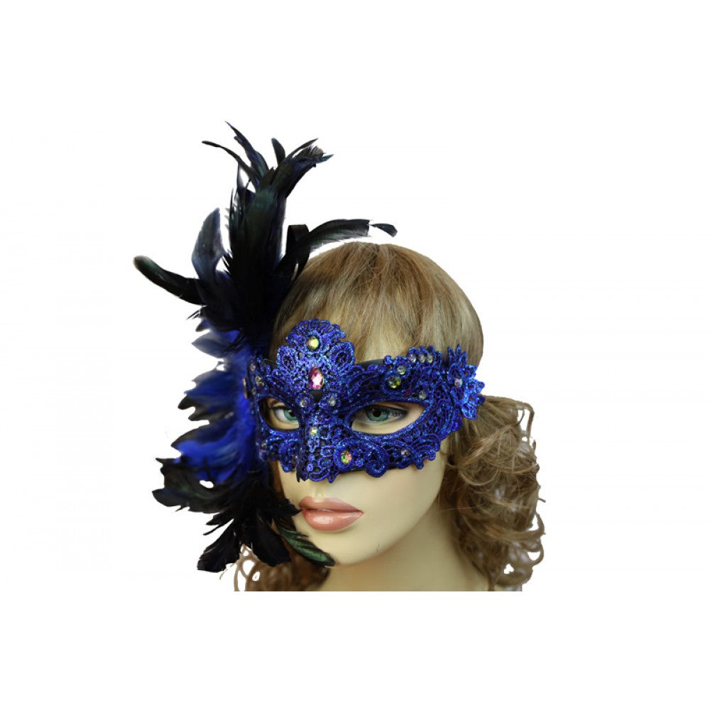 Royal Blue Half Mask with Side Feathers