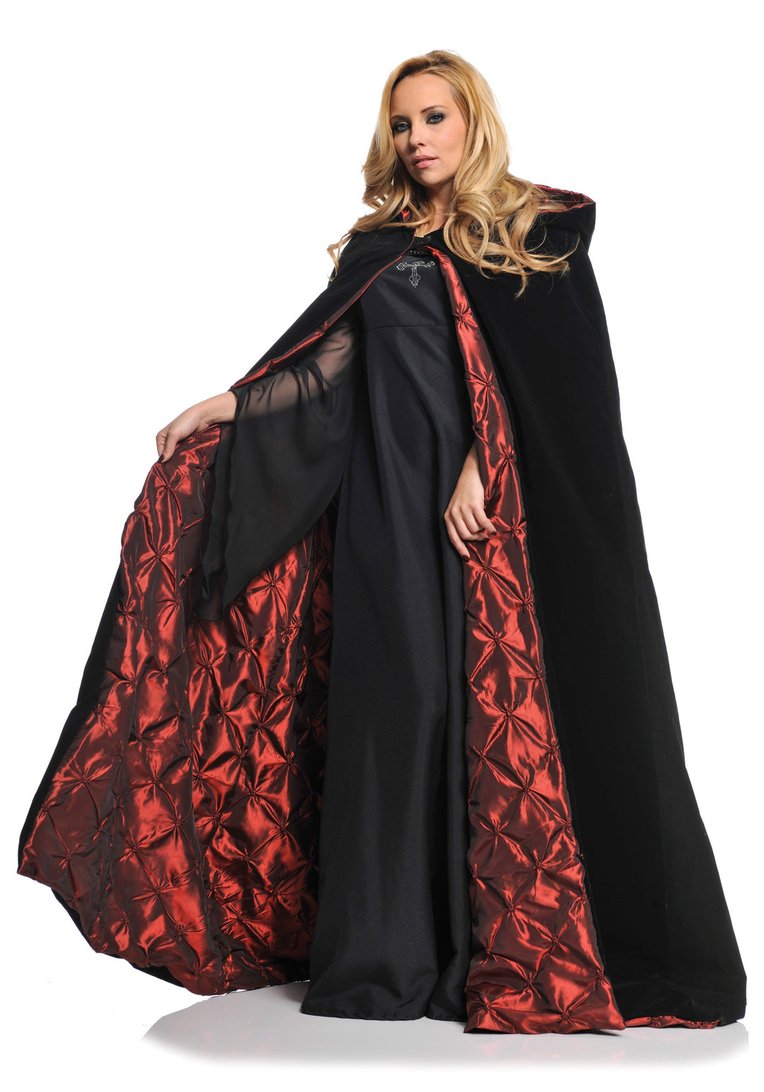 63" Deluxe Velvet & Quilted Satin Hooded Cape - Red/Black