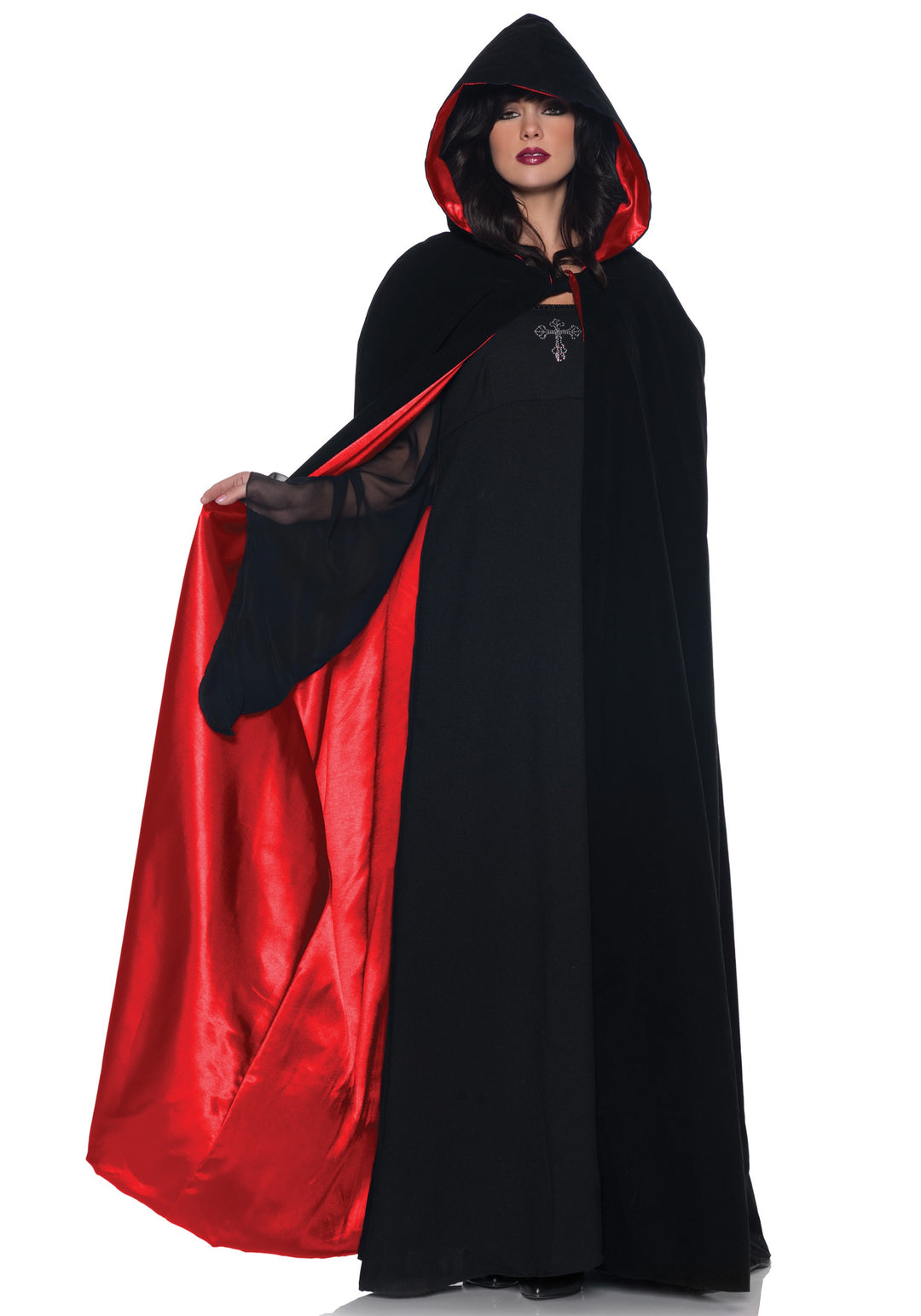 63" Deluxe Velvet & Satin Hooded Cape - Red/Black