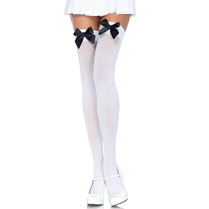 Thigh High Nylon’s White with Black Bow - Standard