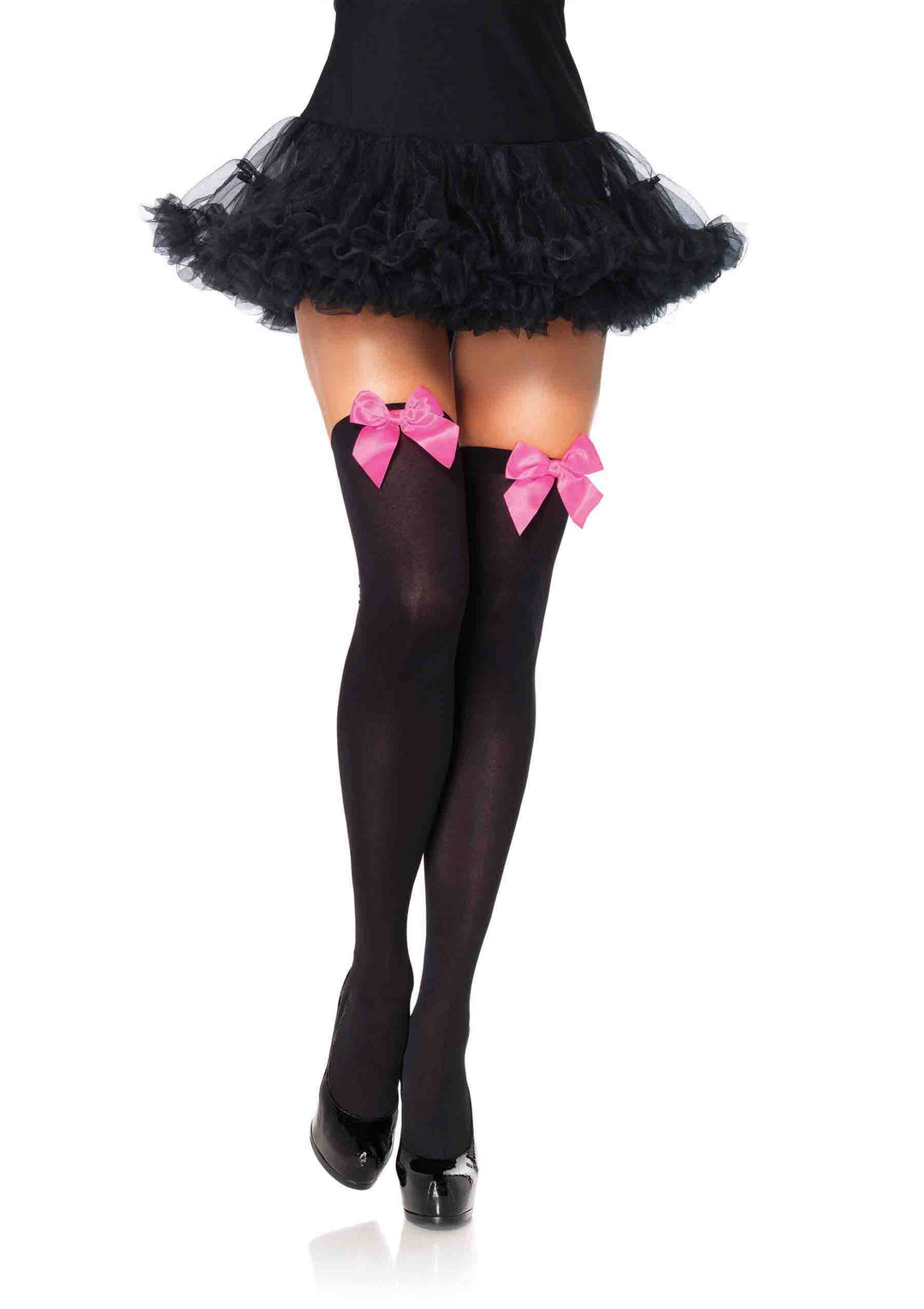 Thigh High Nylon’s Black with Bright Pink Bow - Standard