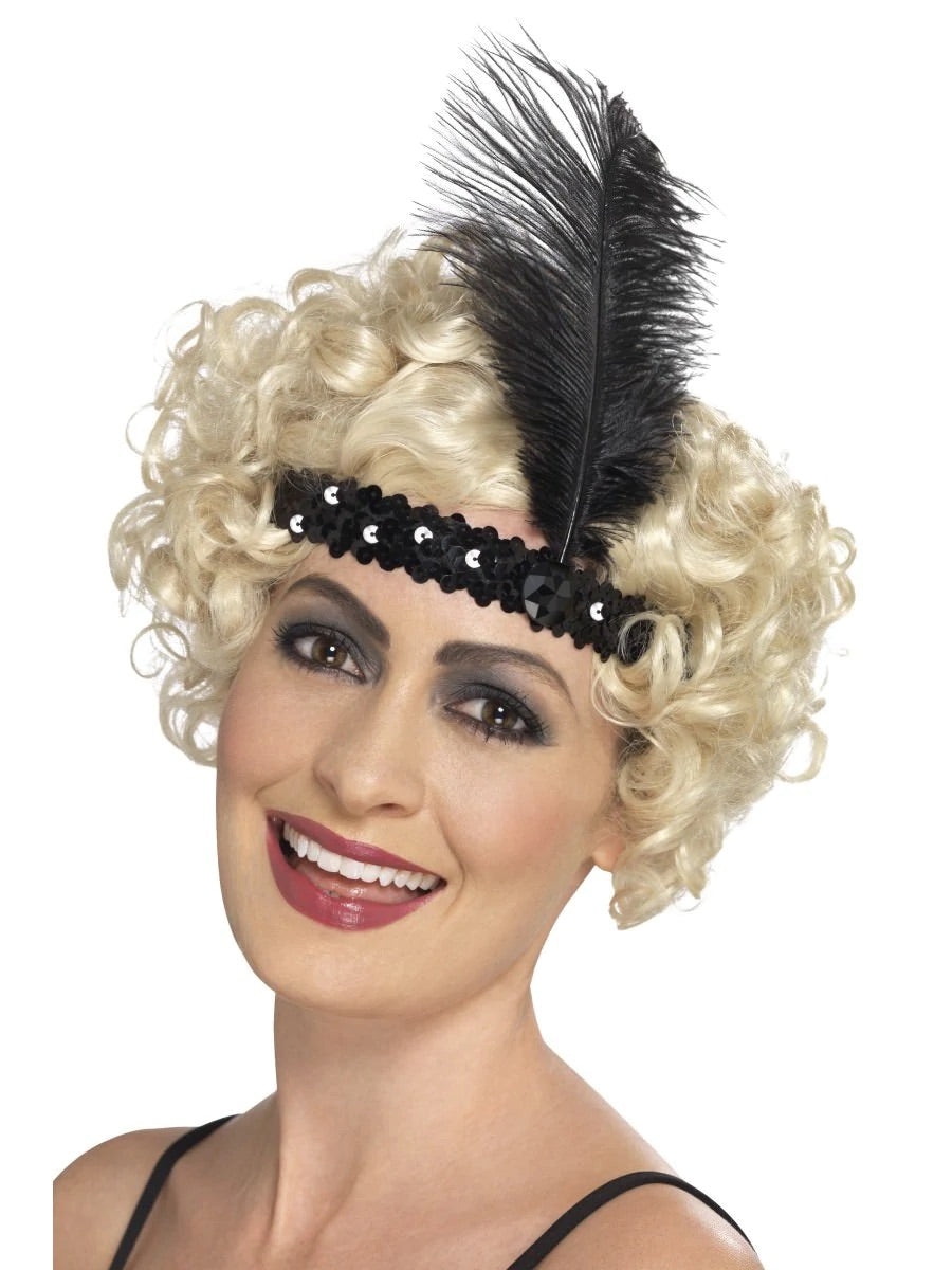 Sequin Flapper Headband with Feather-Black