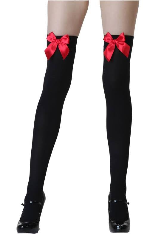 Thigh High Nylon’s Black with Red Bow - Standard