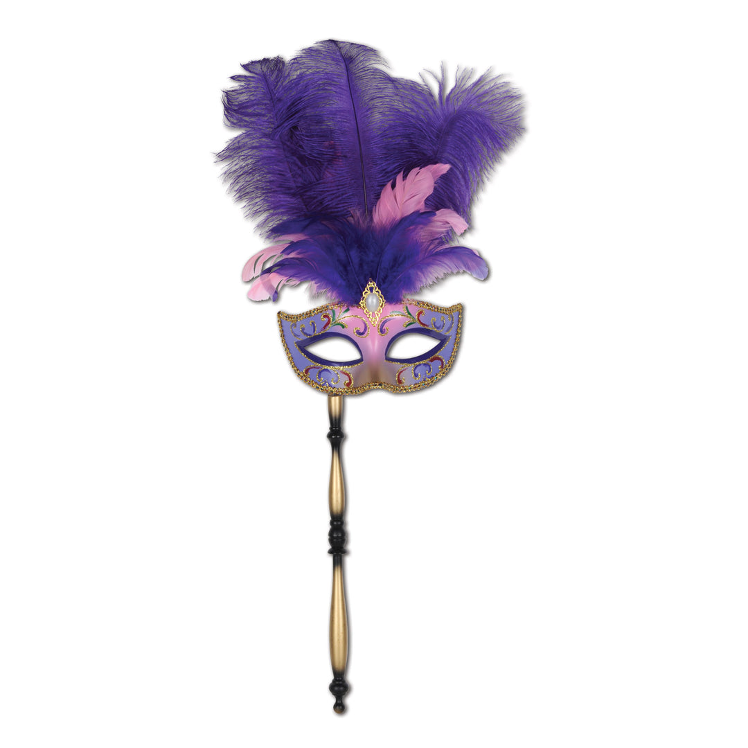 Half Mask - Glittered Mask on Stick Purple Feathers