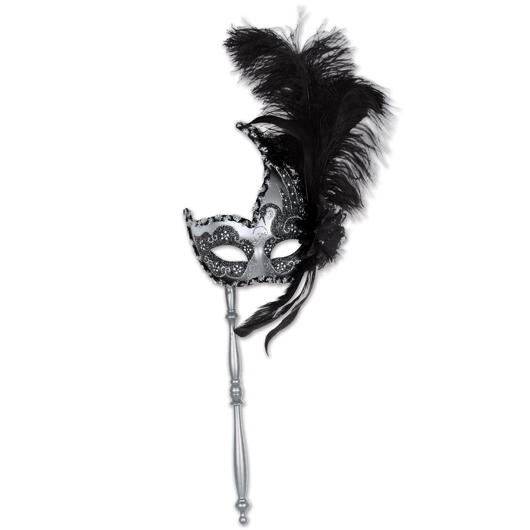 Glittered Mask Black and Silver with Feathers