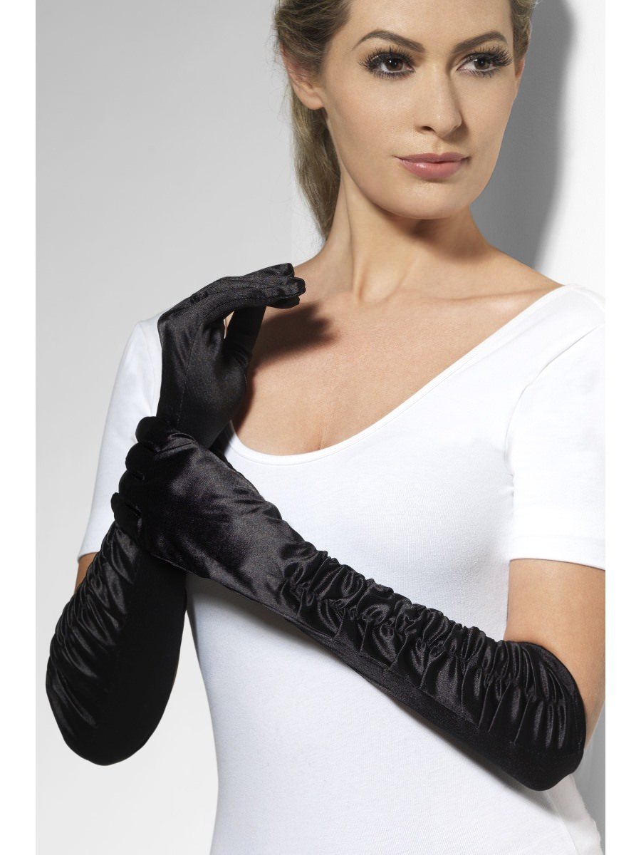 Elbow Length Ruched Gloves - Black