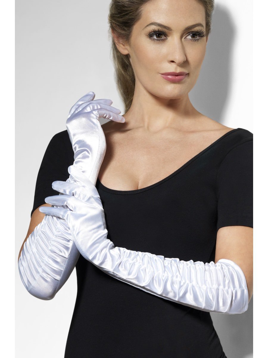 Elbow Length Ruched Gloves - White